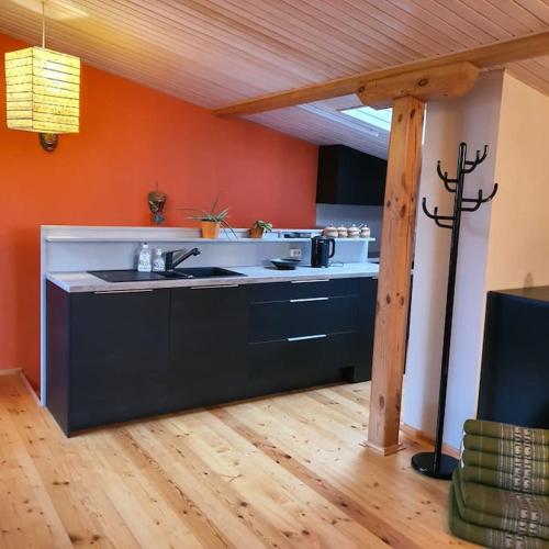 a kitchen with a sink and an orange wall at Studio apartment and FREE airport transfer in Rīga