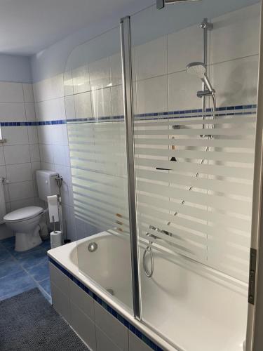 ein Badezimmer mit einer Dusche, einer Badewanne und einem WC in der Unterkunft Haus der 5 Elemente mit Gemeinschaftsbad in Göttingen