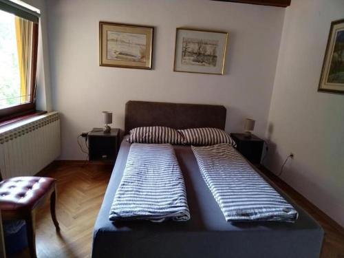 a bed in a room with two pillows on it at Holiday Home Jakovci in Netretić