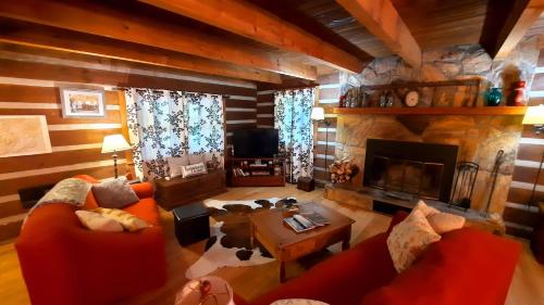 a living room with a stone fireplace and red couches at The Mountain Forager Cabin, Whitewater Rafting, Polar Express, Hot Tub, Home Gym, SMNP, SM Railroad in Bryson City
