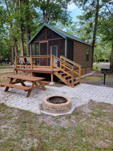 uma cabana de madeira com uma mesa de piquenique e uma fogueira em Okefenokee Pastimes Cabins and Campground em Stanley Landing