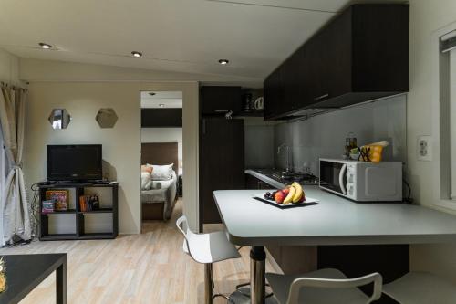 eine Küche mit einer Arbeitsplatte und einer Mikrowelle in der Unterkunft Olive Grove Villa by the Beach in Thorikón