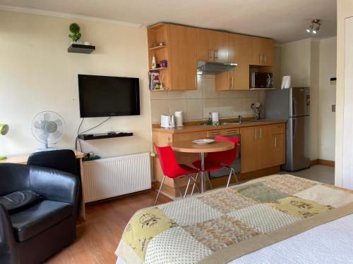 a living room with a kitchen and a table with chairs at Barrio Lastarria, Excelentes Apartamentos - Sofia Camilla Propiedades in Santiago
