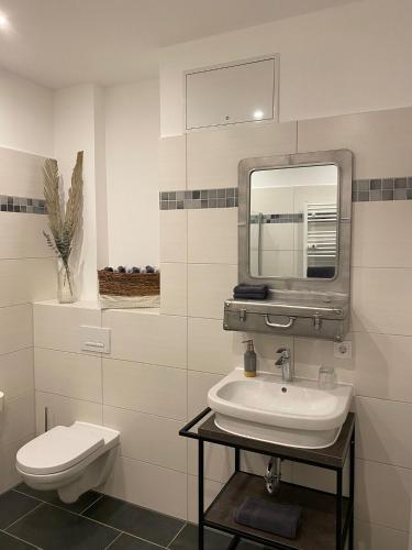 a bathroom with a sink and a toilet and a mirror at Stuck Ferienwohnungen in Cottbus