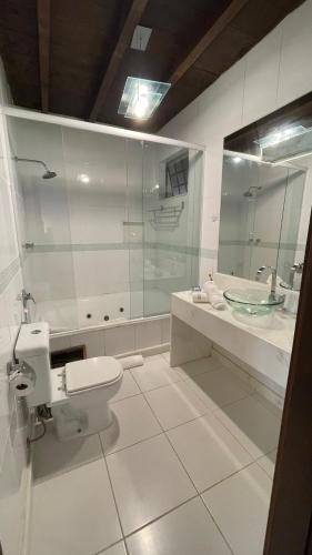 a bathroom with a toilet and a sink and a mirror at Pousada Cozy House in Itaipava