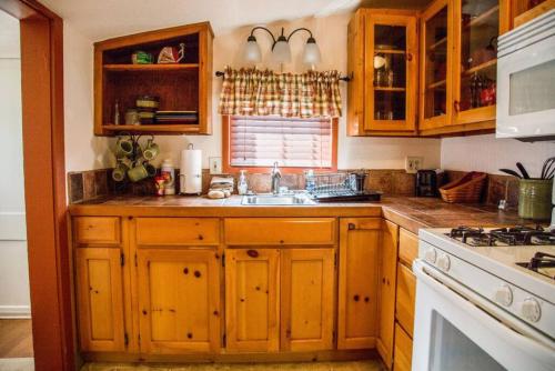 a kitchen with wooden cabinets and a sink at Prospect Cabin, Cozy 1-bedroom cabin with kitchen Dogs OK in Estes Park
