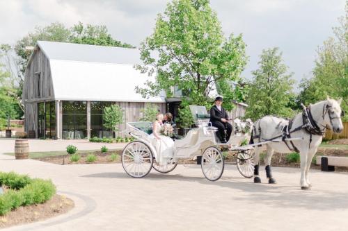 a bride and groom in a horse drawn carriage at Pillar and Post Inn & Spa in Niagara on the Lake