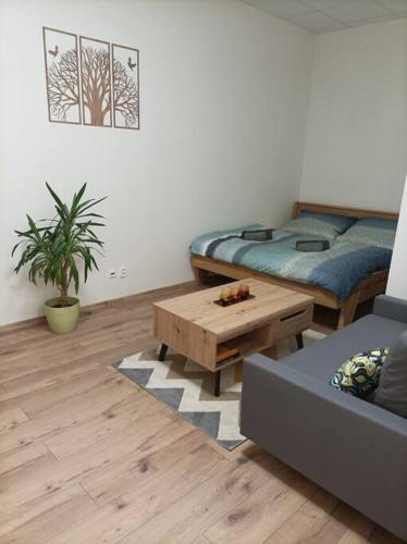 a living room with a couch and a coffee table at Štýlový Apartmán Zemplínska in Prešov