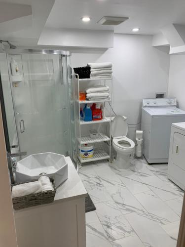 a bathroom with a shower and a toilet in it at BIG Oasis Studio near Airport YYZ in Toronto