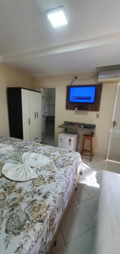 a bedroom with a bed and a flat screen tv at Pousada Azevedo in Livramento de Nossa Senhora