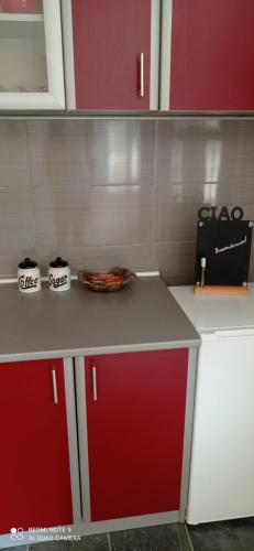 a kitchen counter with red and white cabinets at Guest house Dagovic in Bajina Bašta
