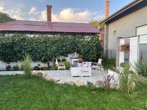a patio with a table and chairs in a yard at BELA VILA in Negotin