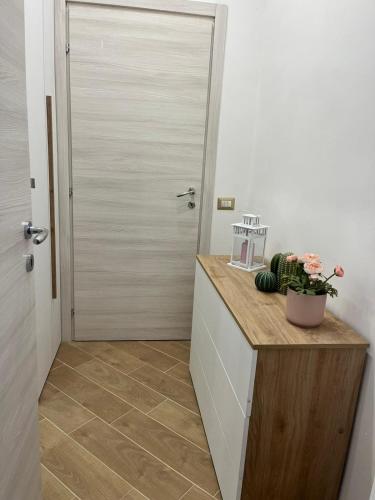 ein Badezimmer mit einer Tür und einer Theke mit einer Pflanze in der Unterkunft A casa di Alessandra in Mailand