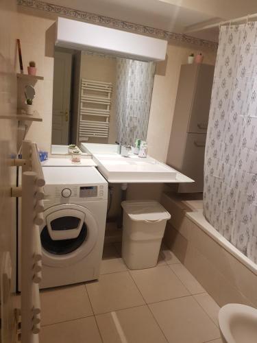 uma casa de banho com um lavatório e uma máquina de lavar roupa em Beau appartement avec garage fermé em Beausoleil