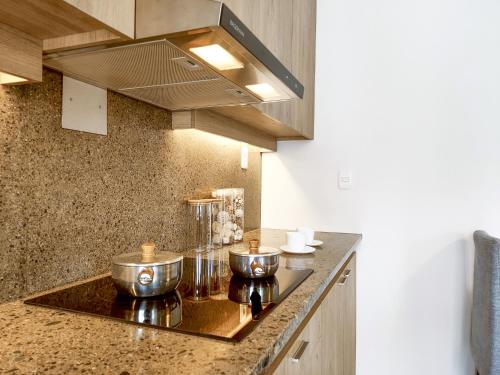 a kitchen with two pots on a counter top at Onkel Inn Apart Suites in La Paz