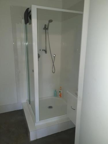 una doccia con porta in vetro in bagno di Bluewater Studio a Tairua