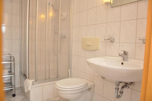 a bathroom with a toilet and a sink at Pension Lindenhof in Kromsdorf