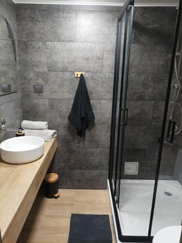 a bathroom with a sink and a shower at Dom nad jeziorem Strażym in Zbiczno