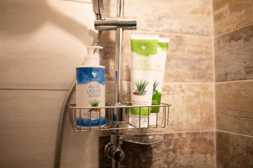 a bathroom rack with soap and other bathroom products at Brvnara Mila Vila in Pranjani