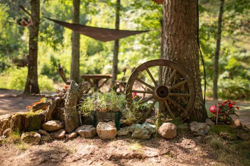 a garden with a wagon wheel and a tree at Brvnara Mila Vila in Pranjani