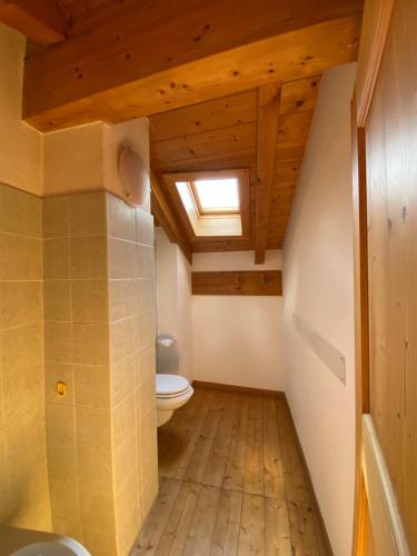 La salle de bains est pourvue de toilettes et d'une lucarne. dans l'établissement Casa Fiemme Panchià, à Panchià