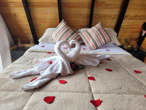 Dos cisnes toallas y corazones en una cama en CHALÉ DO VALE - EXCLUSIVIDADE E CONFORTO!! en Atibaia