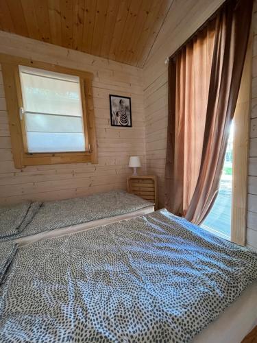 sypialnia z łóżkiem z oknem w obiekcie Kolorowe Domki w mieście Śliwin