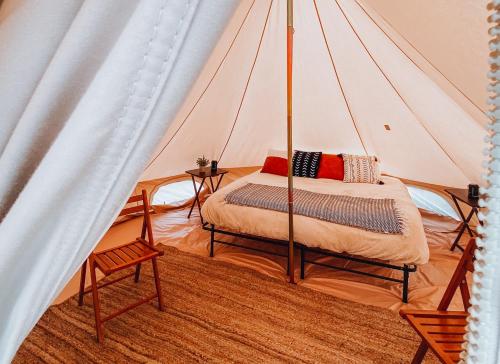 um quarto com uma cama numa tenda em Wander Camp Olympic em Port Angeles