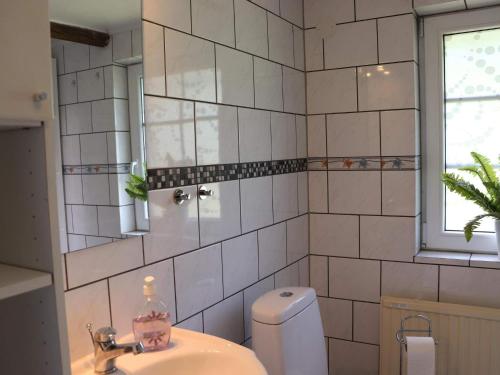 a bathroom with a toilet and a sink and a window at 4 person holiday home in MUNKA-LJUNGBY-By Traum in Munka-Ljungby