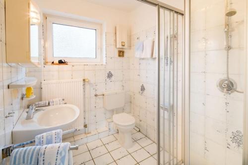 a bathroom with a toilet and a sink and a shower at Möwe - a65690 in Baltrum
