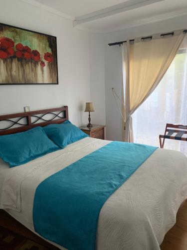 a bedroom with a blue and white bed with a window at Hotel Marina Azul in Viña del Mar