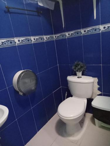 a blue tiled bathroom with a toilet and a sink at Posada Green Sea San Luis pesos with breakfast included starting in March in Cueva de Morgan