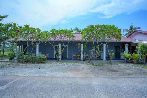 uma casa azul com árvores em frente em Mila Motel 2 em Pantai Cenang