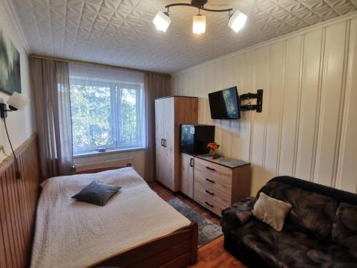 a bedroom with a bed and a couch and a television at Pokoje Gościnne Angelika in Wisła