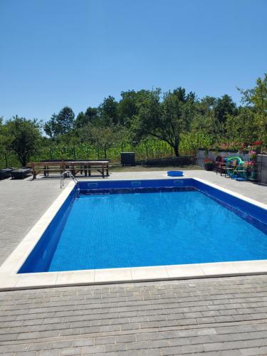a blue swimming pool with a picnic table and a bench at Pensiunea Casa Dacilor in Podeni