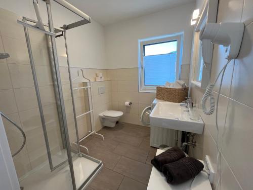 a bathroom with a shower and a sink and a toilet at Wohlfühlapartments Steiner in Altmünster