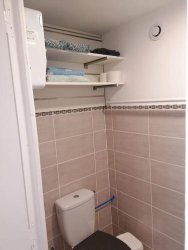 Elle comprend une petite salle de bains pourvue de toilettes et d'étagères. dans l'établissement Le Mas Blanc, à Aumelas