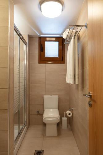 a small bathroom with a toilet and a window at Hotel Rezi in Parga