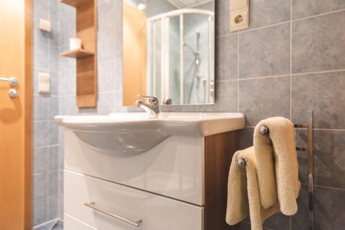 a bathroom with a sink and a mirror at Residence Alpina in Santa Maddalena in Casies