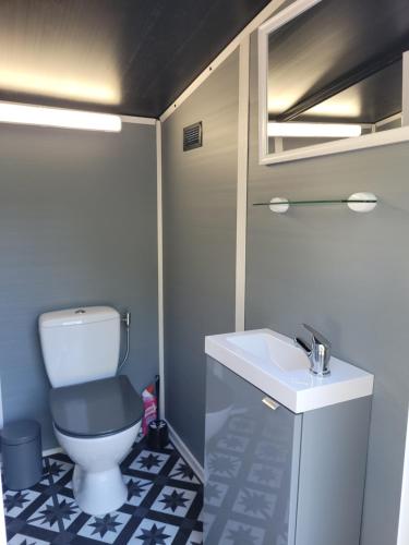a bathroom with a toilet and a sink at Tente Lodge Safari in Saint-Martin-des-Besaces