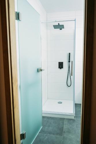 a bathroom with a shower with a glass door at Landgasthof-Wemmer in Großrückerswalde