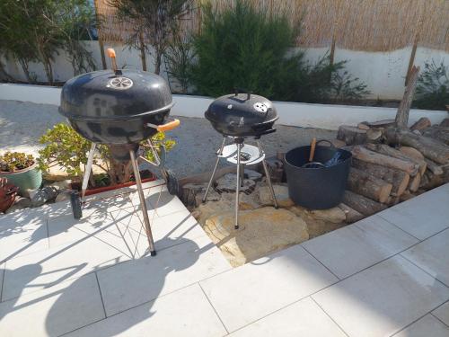 2 bacs de barbecue assis au-dessus d'un grill dans l'établissement Villa Mariana Piscina Privada, à Porto Covo