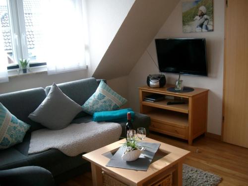 sala de estar con sofá y TV en Strandwohnung Deichblume, en Neuharlingersiel