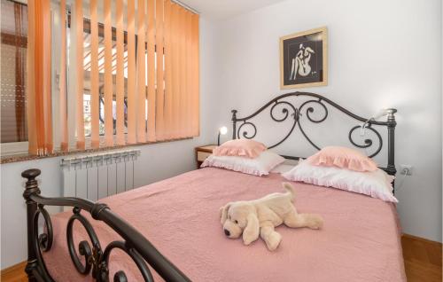 um cão branco deitado numa cama rosa em Cozy Apartment In Kostrena With Wifi em Kostrena