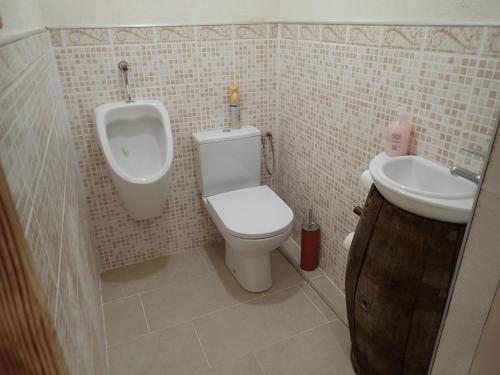 La salle de bains est pourvue d'un urinoir, de toilettes et d'un lavabo. dans l'établissement Gîte le creux de vennes, 
