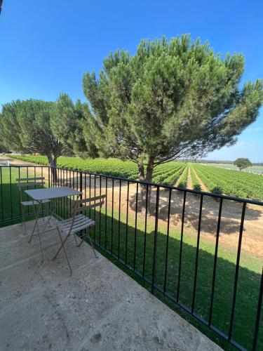a table and chairs on a balcony with a view of a field at Domaine de Panery in Pouzilhac