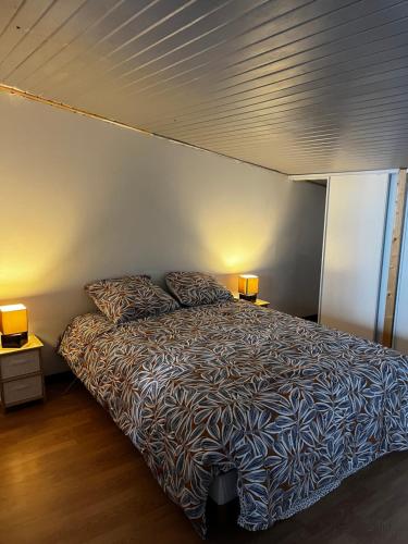 a bedroom with a bed and two lamps on tables at Appartement dans quartier résidentiel in Saint-Quentin