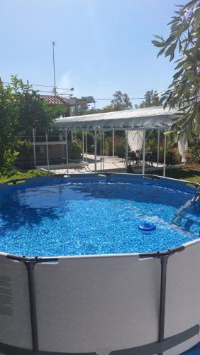 una gran piscina con dosel y agua azul en Guest House, en Agioi Theodoroi