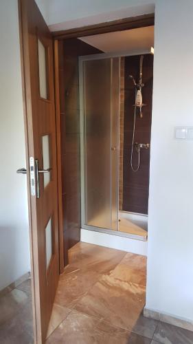 a bathroom with a shower and a glass door at Ranczo pod Babią Górą in Lipnica Wielka