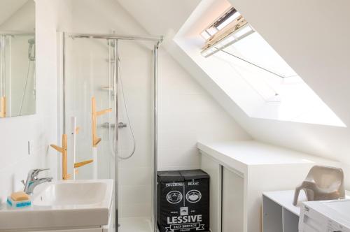 une salle de bain avec douche et lavabo dans l'établissement Vacances entre mer et campagne pour 8, à Plobannalec-Lesconil
